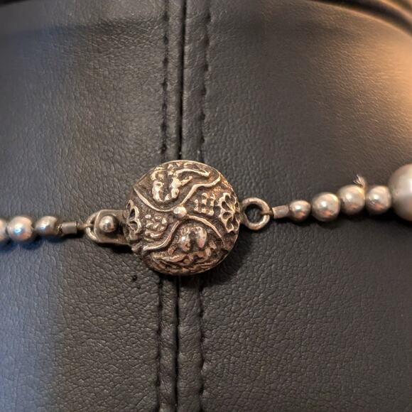 Vintage to Antique Sterling Silver Pearl Rock Quartz Abalone Shell Bead Necklace - Picture 9 of 10